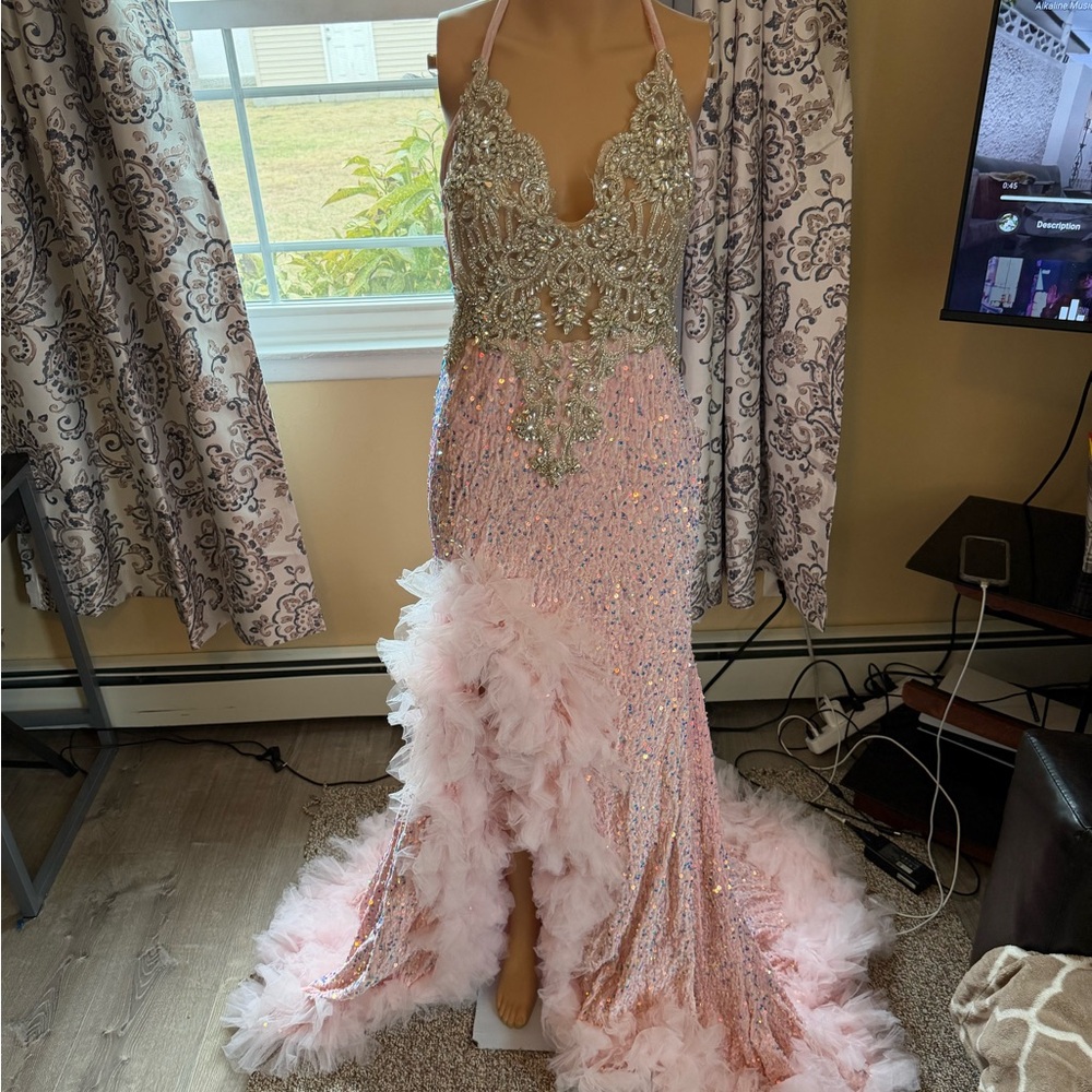 Prom Dress Embellished Pink Feather-Trim Evening Gown